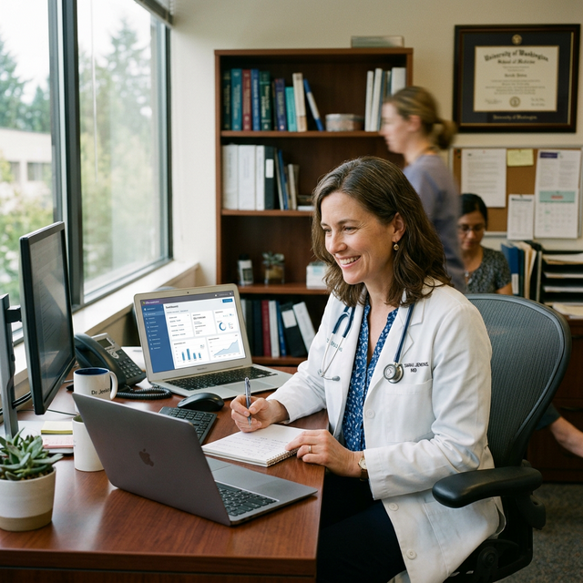 Doctora utilizando AlchemyCloud MedNotes en su consultorio